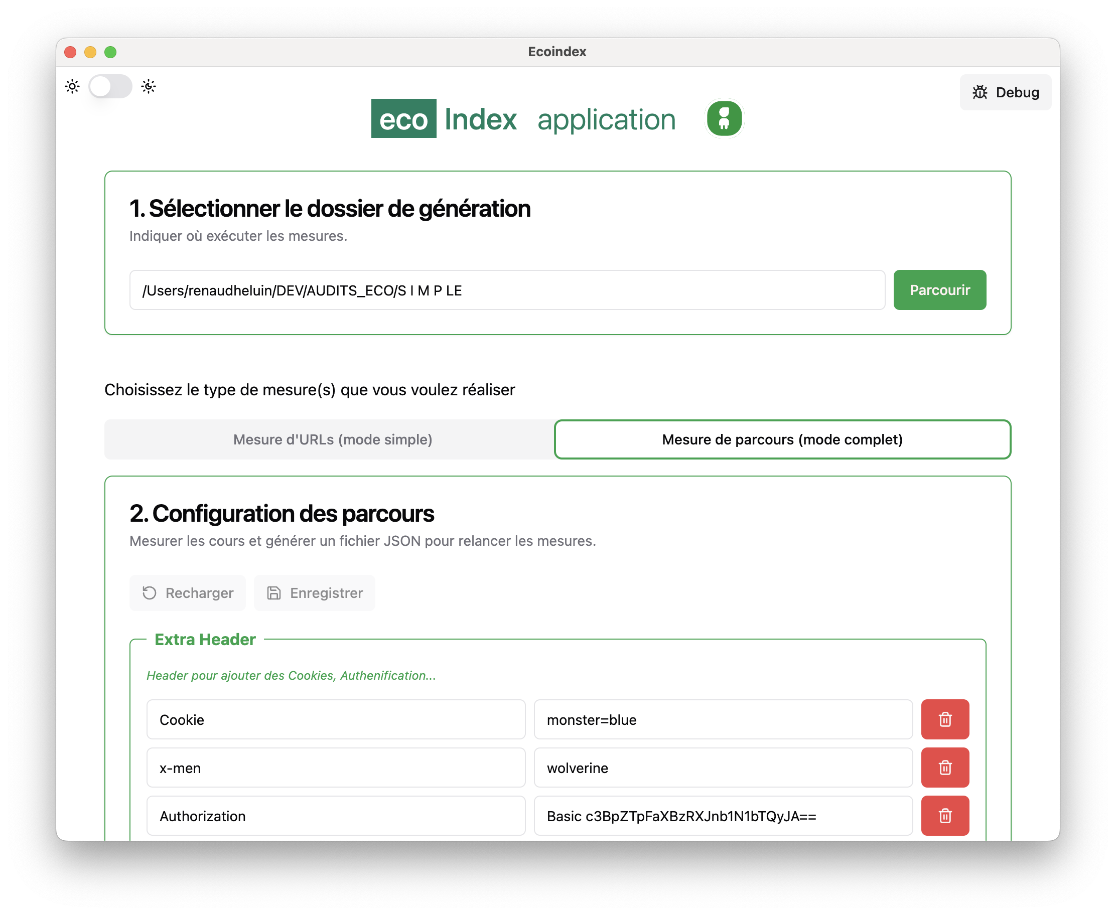 EcoindexApp en mode Mesure de parcours (mode complet)