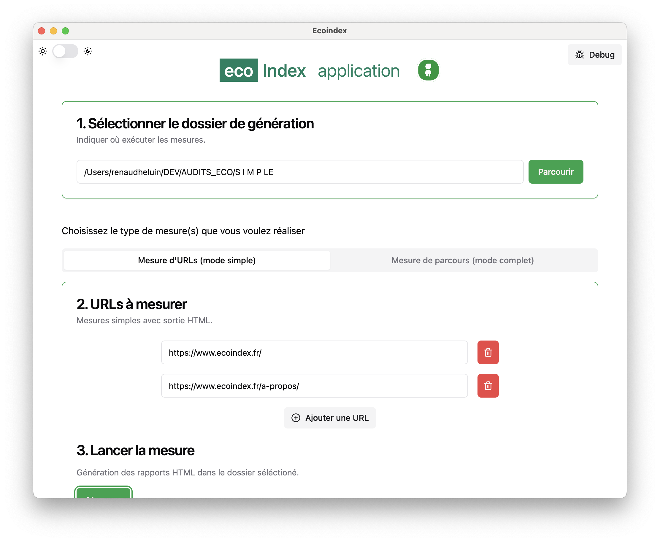 EcoindexApp en mode Mesure d'URLs (mode simple)