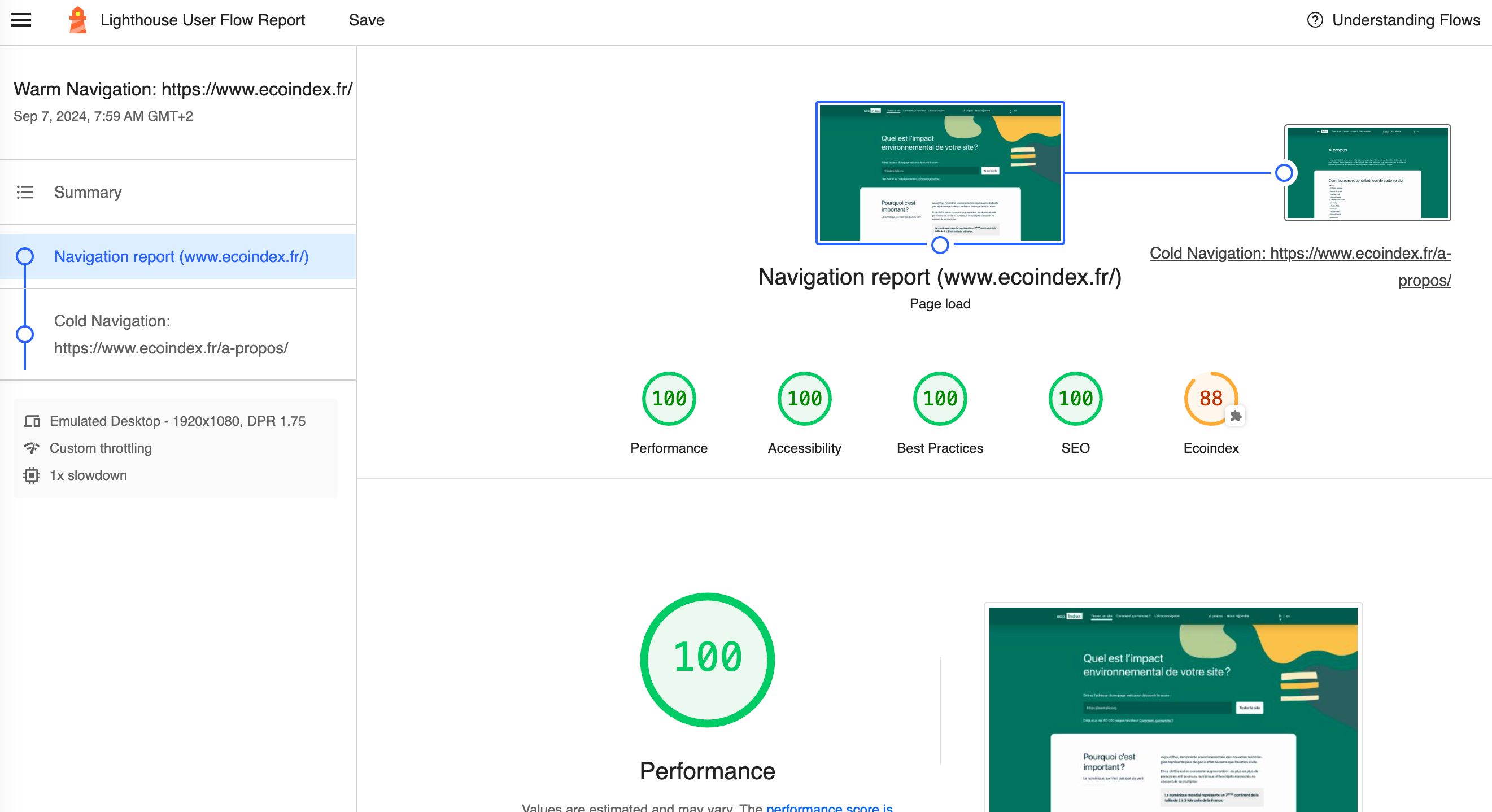 Haut de page d'une mesure, avec Ecoindex