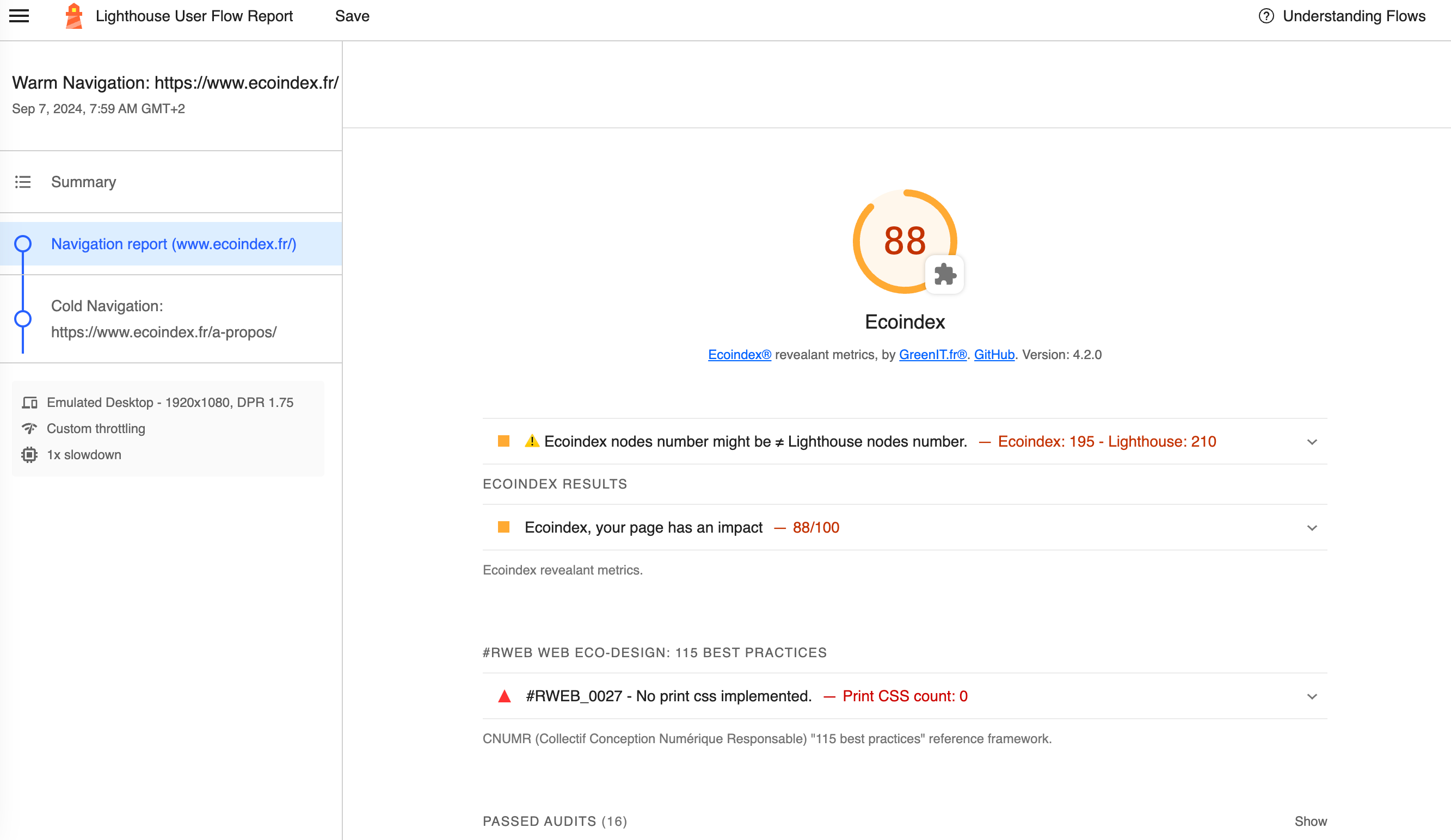 Bas de page d'une mesure, avec l'Ecoindex, les mesures, les bonnes pratiques validées ou non